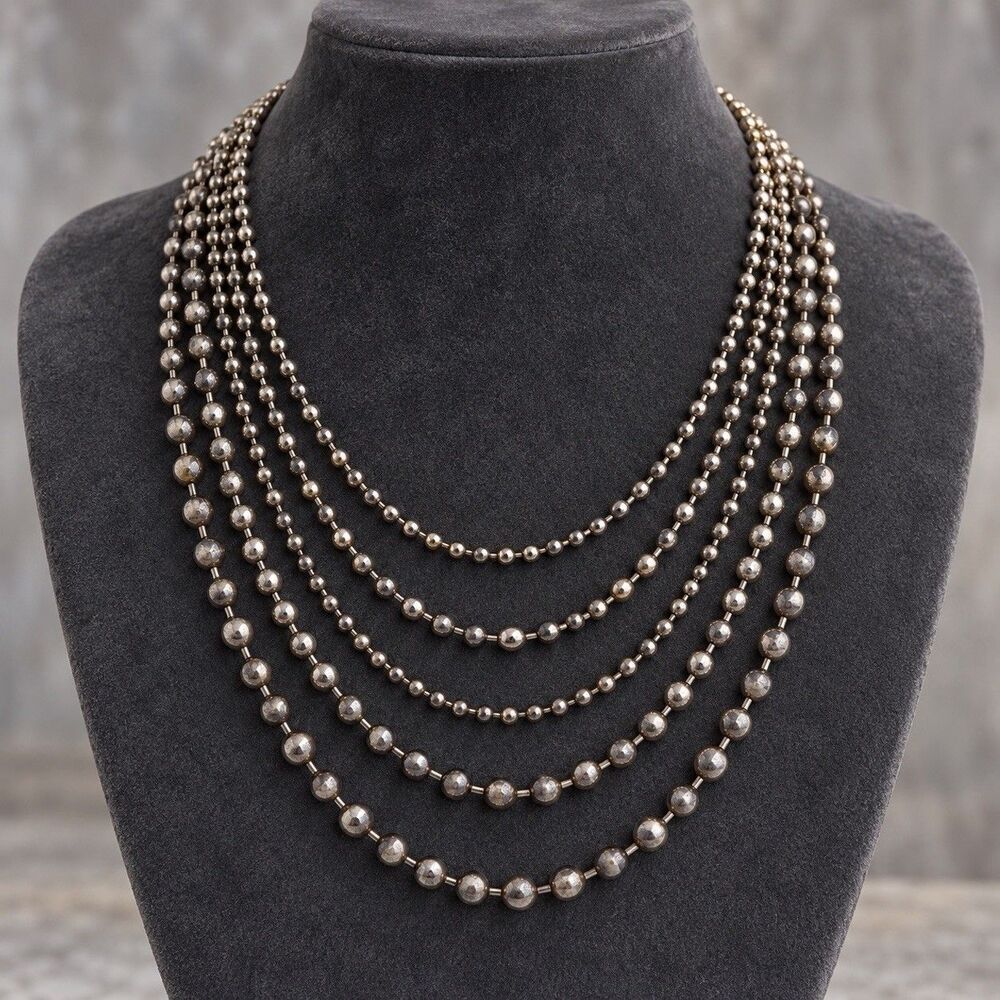 Vintage Silver Tone Multi Strand Ball Chain Necklace Layered Boho Statement